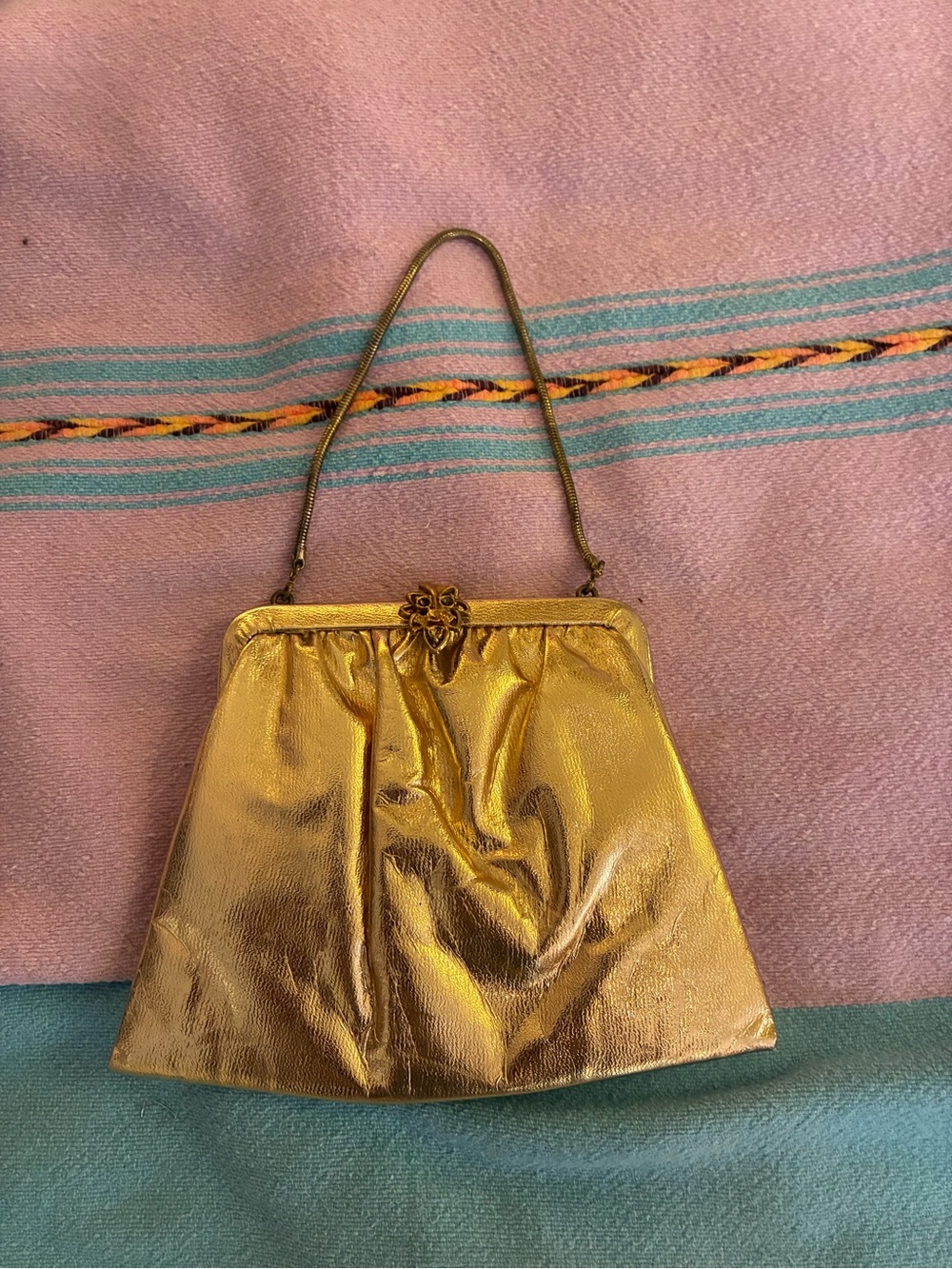 Vintage Gold Evening Clutch with Floral Kiss Lock